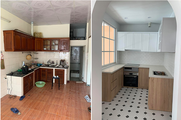 không gian bếp trước và sau khi cải tạo căn tập thể cũ 